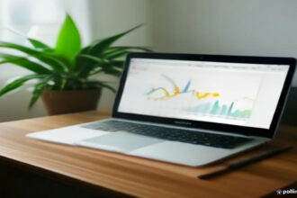 Laptop screen displaying network data usage on a wooden desk.