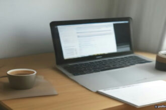Laptop setup with studio headphones on a home office desk prepared for digital transcription work.