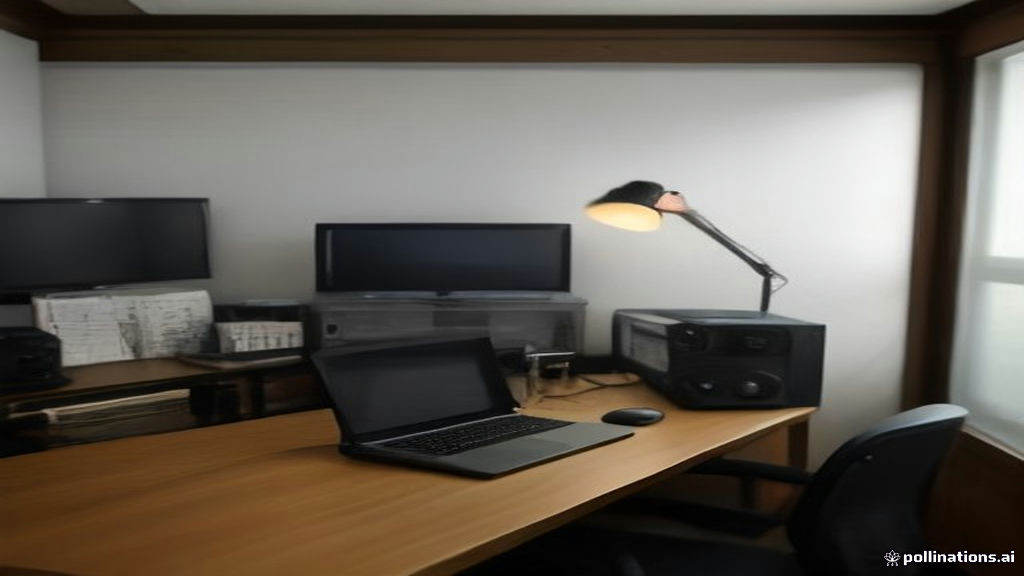 A home office setup showing a laptop and headphones configured for remote audio transcription work.