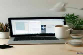 A remote developer workspace with code open on a screen, illustrating contract software engineering and AI work.