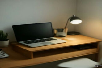 Freelance workspace displaying digital work management and proposal tools on a laptop screen.