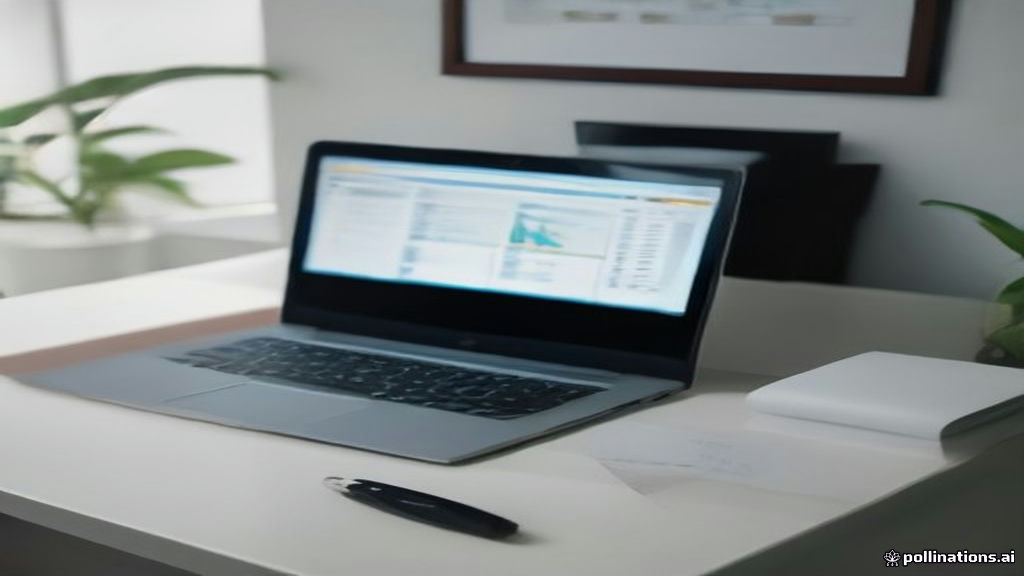 Clean minimalist home office desk with a laptop showing financial work software in soft natural morning light