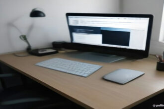 A modern home workstation setup for a remote search evaluator and localization contractor.