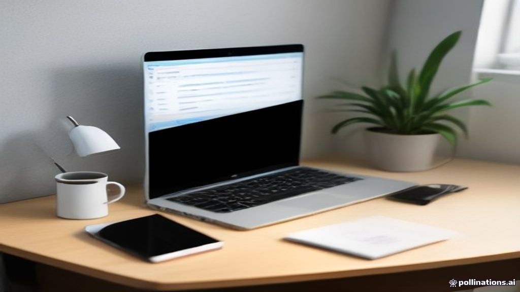 A remote work desk setup featuring a laptop and workspace tools for search evaluation work.