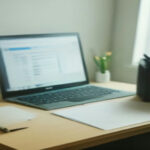A modern laptop and desk setup representing safe data practices and remote evaluation work.