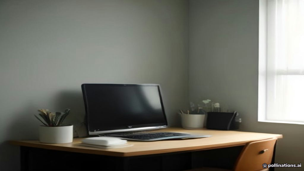 Minimalist remote home office setup with an open laptop and coffee on a clean wooden desk