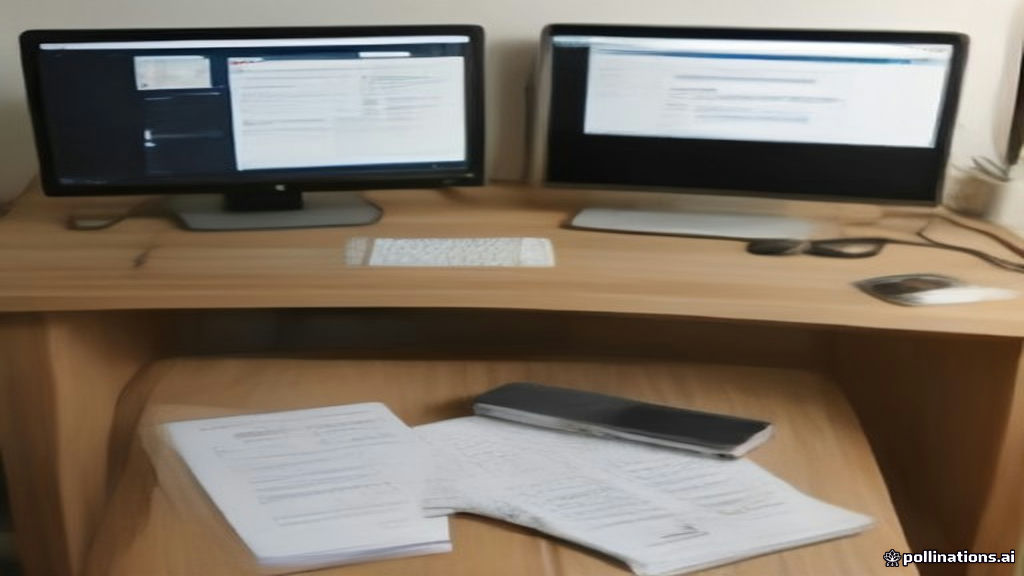 Home office workspace with dual monitors and financial planning documents for independent contractor work.