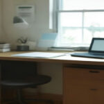 A home office workspace with a computer and headset used for remote customer service contracting work.