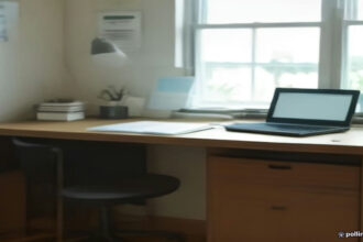 A home office workspace with a computer and headset used for remote customer service contracting work.