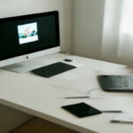 Minimalist workspace setup for an online tutor working on a laptop with study materials.