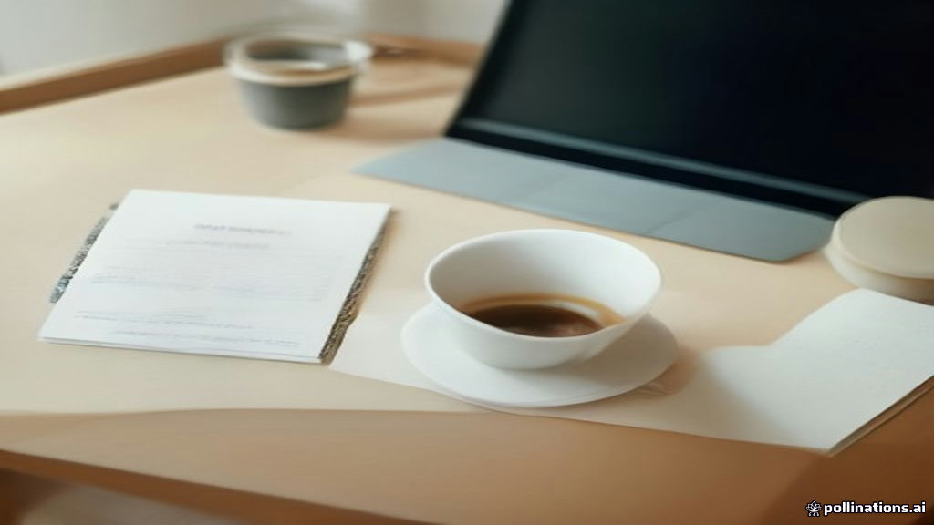 A modern desk setup with a laptop showing an online survey platform interface and a cup of coffee.