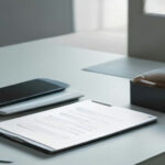 A smartphone placed on a wooden desk showing a finance mobile app beside a ledger notebook.