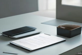 A smartphone placed on a wooden desk showing a finance mobile app beside a ledger notebook.