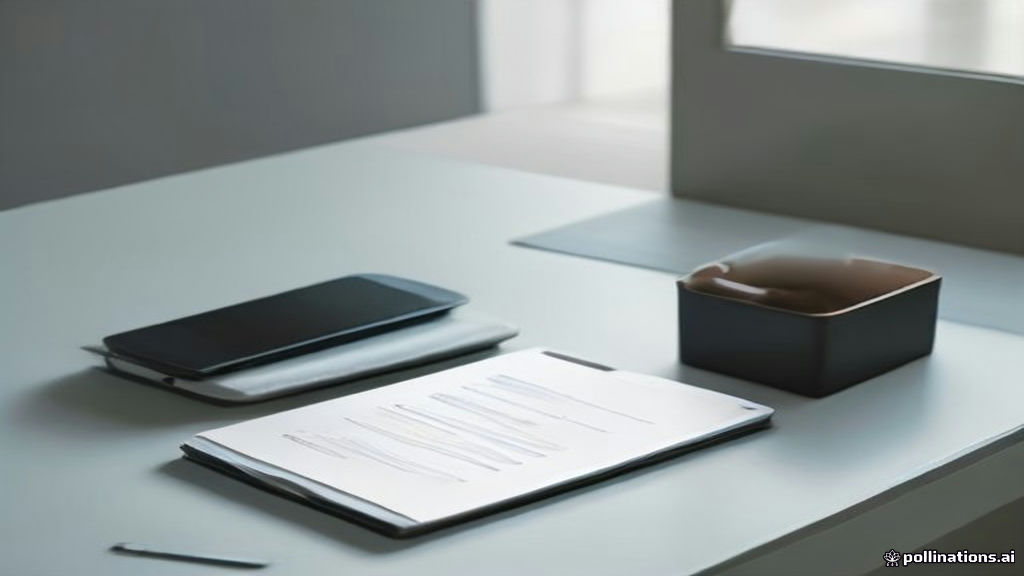A smartphone placed on a wooden desk showing a finance mobile app beside a ledger notebook.