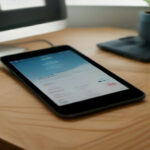A smartphone displaying mobile game tracking progress on a wooden desk with a notebook.