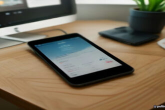 A smartphone displaying mobile game tracking progress on a wooden desk with a notebook.