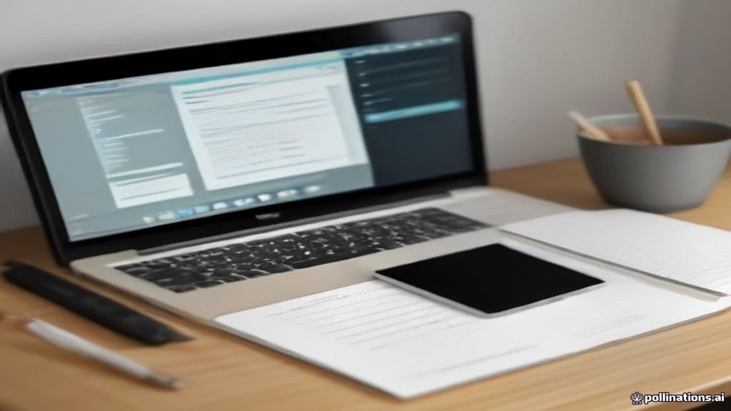 An e-reader and modern laptop showing digital book metrics and financial reporting on a wood desk.