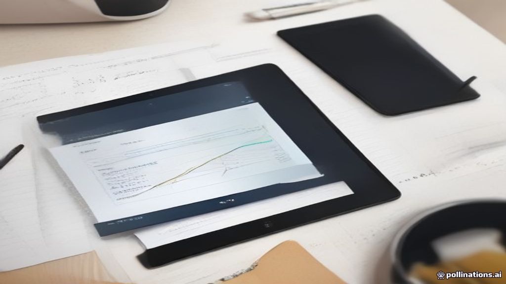 A modern desk setup showing a digital device displaying task earnings and reimbursement documentation.