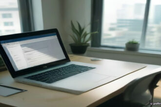 Minimalist remote work setup with a laptop and notebook for evaluating AI models as a Mercor generalist.