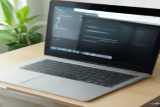 Minimalist remote workspace featuring a laptop display used for AI developer interviews and screening evaluations.