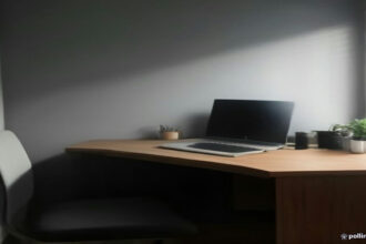 A remote working environment setup with a laptop displaying developer screening and project assessment metrics.