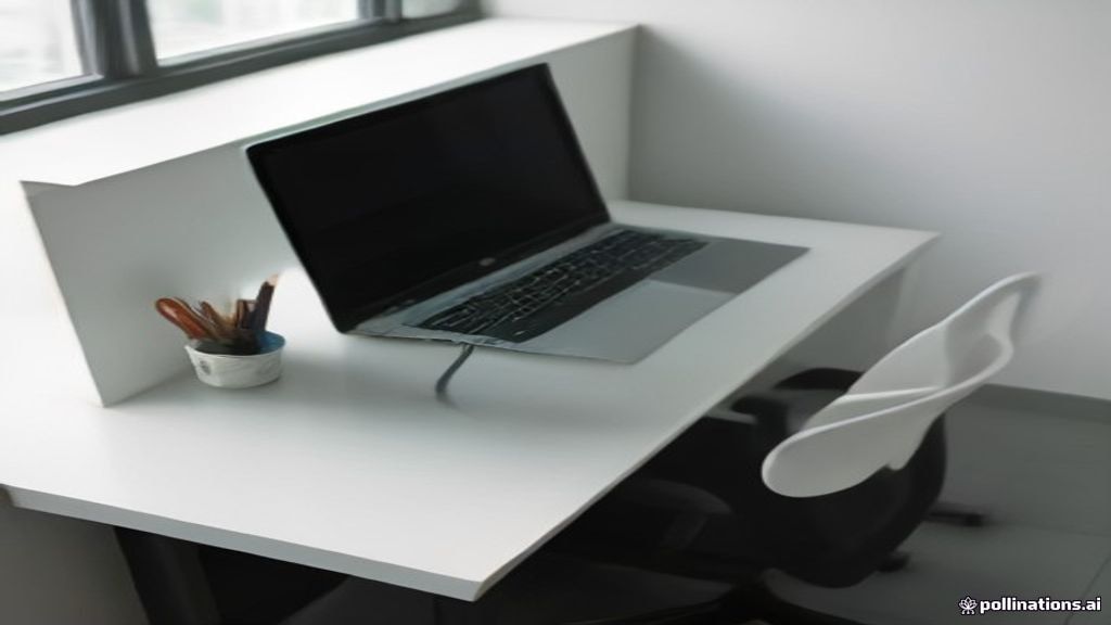Minimalist creator workstation with a digital template design visible on a laptop screen.