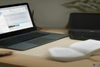 A modern remote workspace setup showing a laptop ready for online data annotation and AI model testing tasks.
