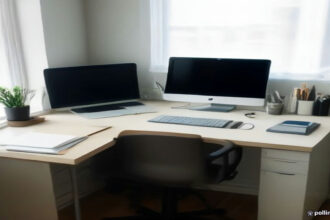 A modern desk setup representing remote data annotation work on the OneForma platform.