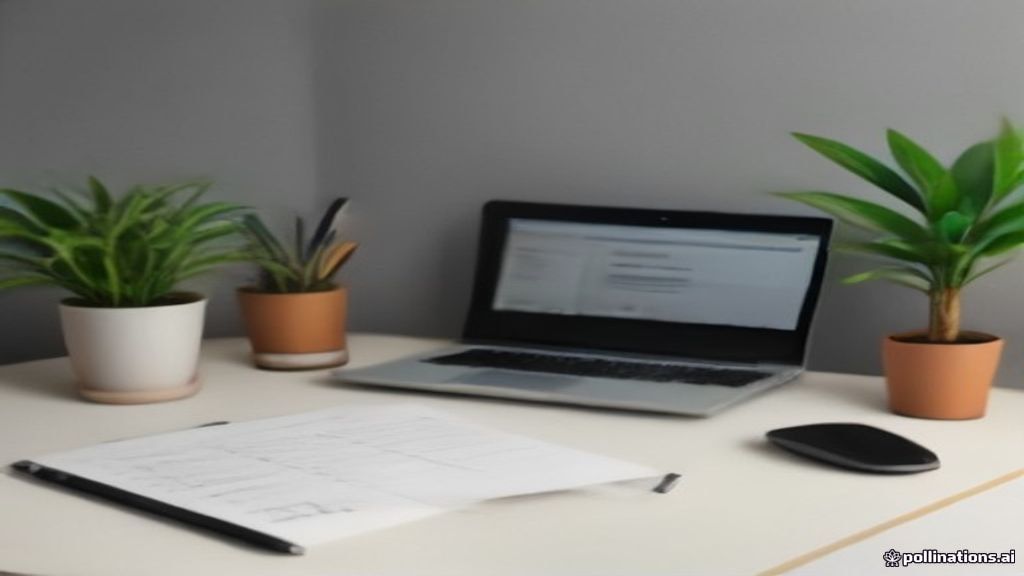 A modern home workspace setup with a laptop displaying translation guidelines and a notebook.