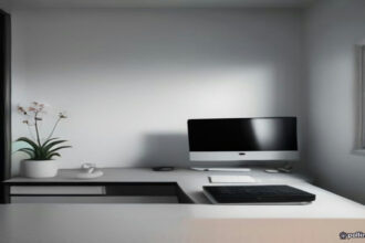 Minimalist remote workstation featuring a laptop used for evaluation tasks and structured analytical work.