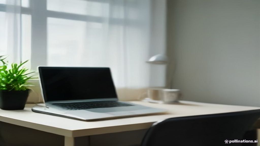 Laptop on a clean home office desk showing data annotation work setup in natural morning light.
