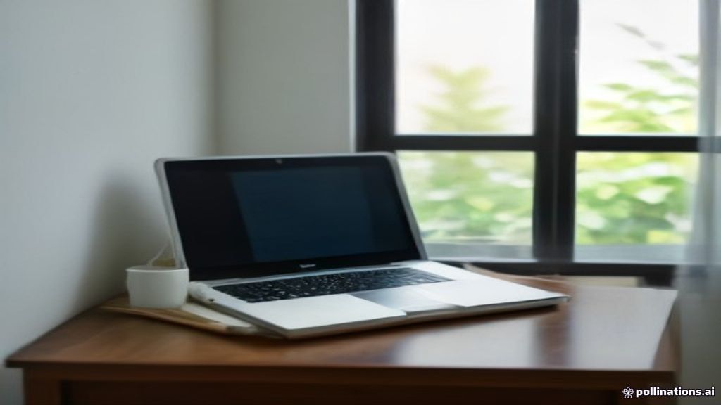 A modern home workspace with an open laptop used for remote AI data annotation and prompt evaluation work.
