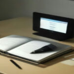 Smartphone resting on a wooden desk displaying a creative creator mobile application interface next to workspace camera…
