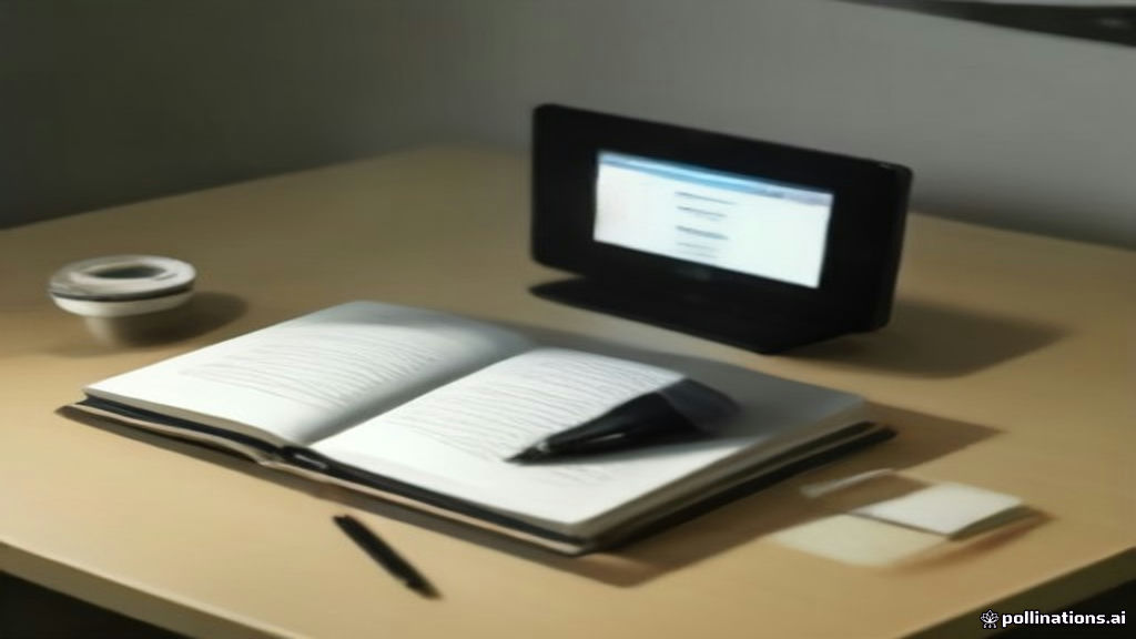 Smartphone resting on a wooden desk displaying a creative creator mobile application interface next to workspace camera…