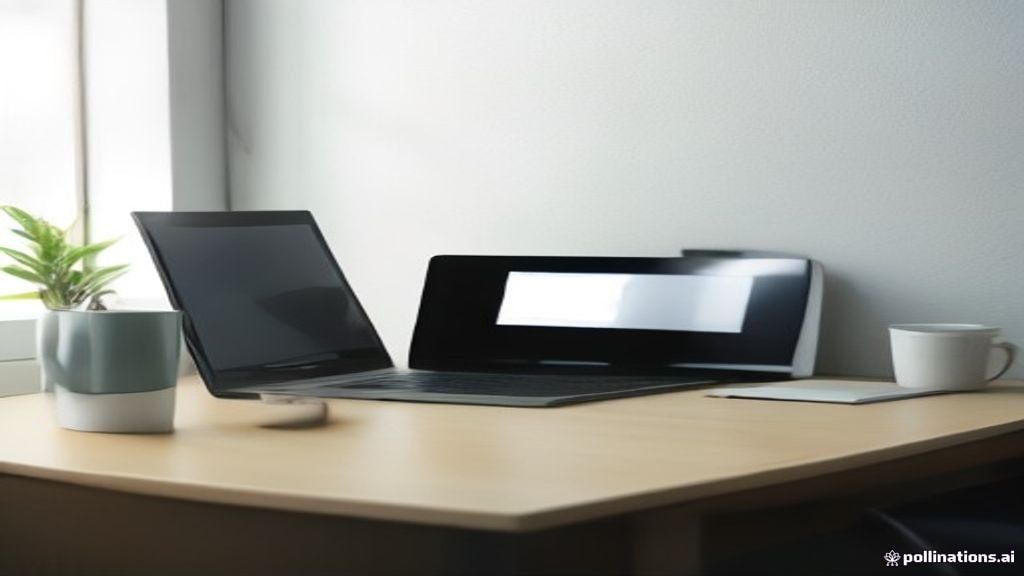 Ceramic mug beside a designer laptop on a clean wooden desk.
