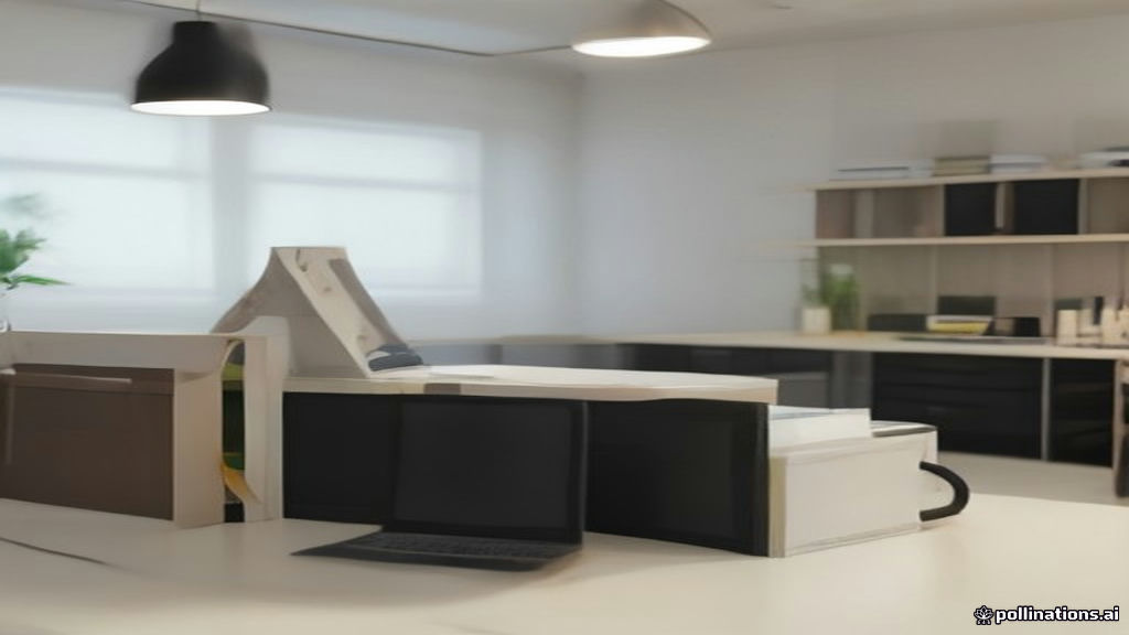 A modern workspace with print-on-demand shirt samples, a ceramic mug, and a laptop showing store metrics.