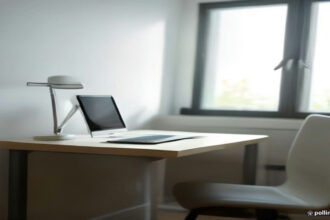 Laptop displaying an online research survey on a wooden office desk in soft natural daylight.