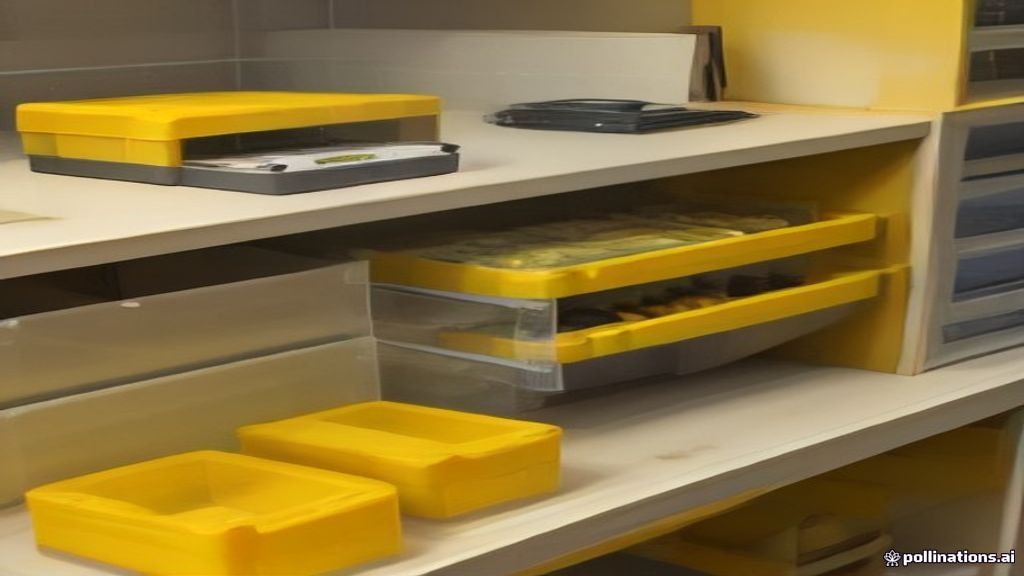 A digital scale and handheld magnet next to containers of sorted spent yellow brass shell casings on a workbench.
