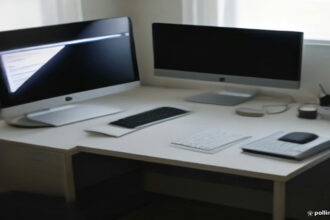 Home office workstation with dual screens displaying structured quality evaluation guidelines.