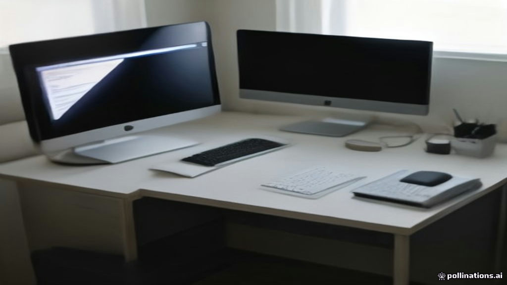 Home office workstation with dual screens displaying structured quality evaluation guidelines.