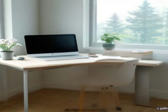 Minimalist remote home office setup with laptop prepared for search engine evaluator testing.