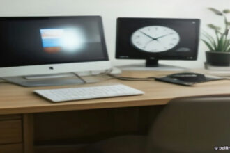 A modern home workspace with a laptop open to evaluation guidelines, representing remote search engine evaluator work.