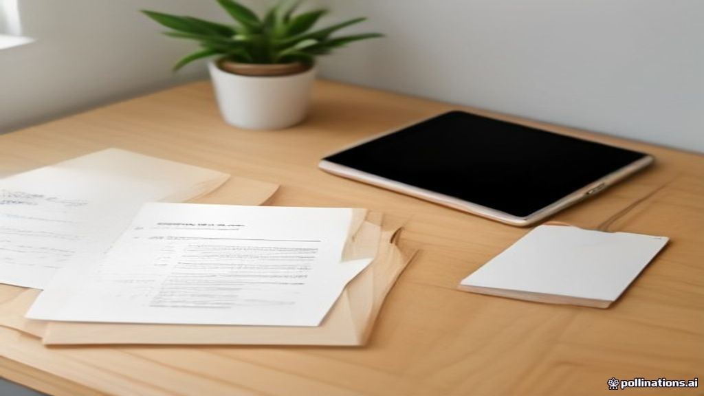 A modern minimalist desk setup with evaluation paperwork and a digital tablet for retail auditing tasks