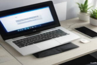 Digital artist workspace with graphic tablet displaying vector art and laptop open on wooden desk