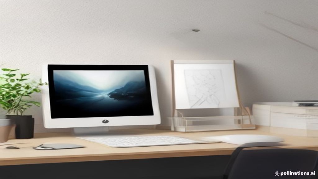 Minimalist art print on a wooden desk next to a graphics tablet and color swatches in a bright workspace.