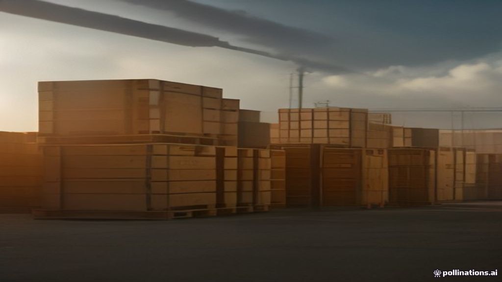 Stacks of standard wooden pallets stored neatly at a commercial recycling facility.