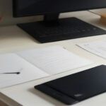 A remote working setup featuring a laptop and notebook, representing independent contractor careers at Teemwork AI.