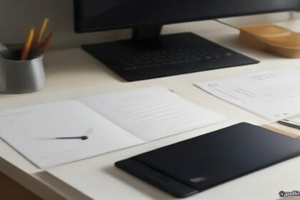 A remote working setup featuring a laptop and notebook, representing independent contractor careers at Teemwork AI.