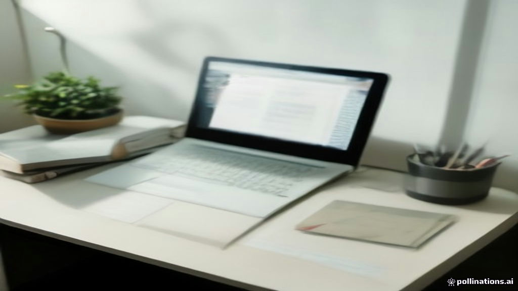 A modern remote workspace setup featuring a laptop displaying digital evaluation tasks and project notes.