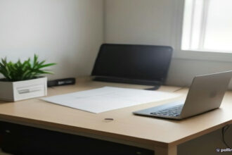 A remote worker's laptop on a desk showing an application setup interface for crowd rating tasks.